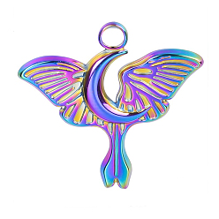 Rainbow Color Stainless Steel Pendants, Moon with Butterfly Charms, Rainbow Color, 24x25x2mm, Hole: 2.5mm