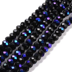 Black Electroplate Opaque Solid Color Glass Beads Strands, Half Rainbow Plated, Faceted, Rondelle, Black, 2.5x1.5mm, Hole: 0.4mm, about 195pcs/strand, 11 inch(27.5cm)