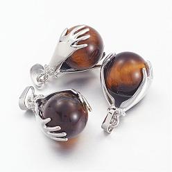 Tiger Eye Gemstone Pendants, with Brass Findings and Natural Tiger Eyes, Round, Platinum, Saddle Brown, 27x18mm, Hole: 4x6mm