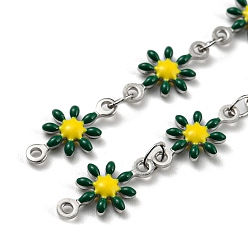 Green 304 Stainless Steel Flower Link Chain, with Enamel, with Spool, Unwelded, Green, 12.5~13x7~8x2mm, 5m/roll