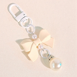 Beige Macaron Color Plastic Bowknot and Round Pendant Keychain, with Clasp, Beige, 90mm