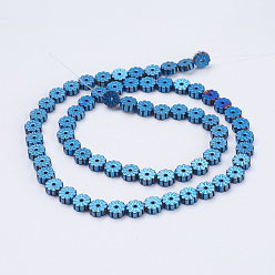 Blue Plated Electroplate Non-magnetic Synthetic Hematite Beads Strands, Flower, Blue Plated, 6x2mm, Hole: 1mm, about 66pcs/strand, 15.9 inch(40.5cm)