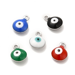 Mixed Color 304 Stainless Steel Evil Eye Enamel Charms, Flat Round Charm, Stainless Steel Color, Mixed Color, 7.5x6x3mm, Hole: 1mm