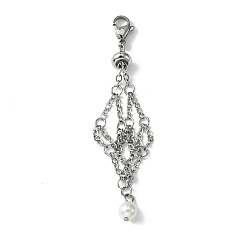 Stainless Steel Color 304 Stainless Steel Cable Chains Macrame Pouch Empty Stone Holder Pendant Decoration, with Round Shell Pearl Bead, Stainless Steel Color, 75mm