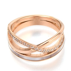 Rose Gold 304 Stainless Steel Criss Cross Rings, with Rhinestone, Rose Gold, US Size 7, Inner Diameter: 17mm