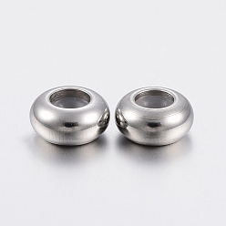 Stainless Steel Color 202 Stainless Steel Beads, with Plastic, Slider Beads, Stopper Beads, Rondelle, Stainless Steel Color, 6x3mm, Rubber Hole: 2mm