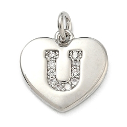 Letter U Латунные микропаве прозрачные подвески с фианитом, сердце прелести, без кадмия и без свинца, стойки покрытие, долговечный, платина, Буква U, 15x15x2 мм, отверстие : 3 мм
