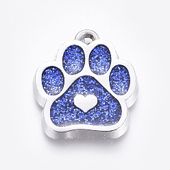 Blue Enamel Pendants, with Platinum Plated Alloy Findings and Glitter Powder, Dog Paw Prints with Heart, Blue, 18.8x16.5x2.2mm, Hole: 1.5mm
