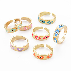 Mixed Color Real 16K Gold Plated Brass Enamel Cuff Rings, Evil Eyel Open Rings for Girl Women, Nickel Free, Mixed Color, US Size 7 1/2(17.7mm)