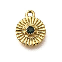 Изумруд 304 из нержавеющей стали амулеты горный хрусталь, ионное покрытие (ip), реальный 14 k позолоченный, плоские круглые прелести, изумруд, 12.5x10x3.5 мм, отверстие : 1.2 мм