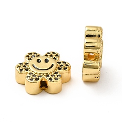 Black Rack Plating Brass Cubic Zirconia Beads, with Enamel, Real 18K Gold Plated, Long-Lasting Plated, Cadmium Free & Lead Free, Flower with Smiling Face, Black, 13x14x5mm, Hole: 1.5mm