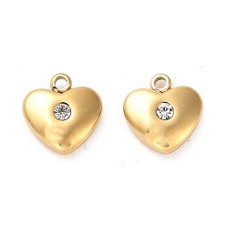 Real 14K Gold Plated 304 Stainless Steel Charms, with Rhinestone, Heart Charms, Real 14K Gold Plated, 11.5x11x4mm, Hole: 1.6mm