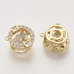 Real 18K Gold Plated Brass Micro Pave Clear Cubic Zirconia Charms, Nickel Free, Flat Round, Real 18K Gold Plated, 10.5x6.5mm, Hole: 0.8mm