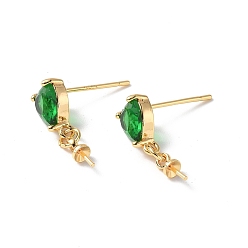 Emerald Brass Glass Rhinestone Stud Earrings Findings, with 925 Sterling Silver Pins Cup Peg Bails, Real 18K Gold Plated, Heart, Emerald, 16.5x6mm, Pin: 0.8mm