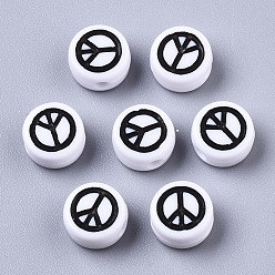 White Opaque Acrylic Beads, with Enamel, Flat Round with Peace Sign, Black, White, 7x4mm, Hole: 1.6mm, about 3650pcs/500g