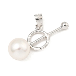 Real Platinum Plated Rhodium Plated 925 Sterling Silver Pendants, with Natural Pearl Beads, Ring Charms, with S925 Stamp, Real Platinum Plated, 19.5x24x8.5mm, Hole: 5x3.5mm
