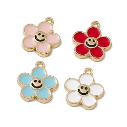 Mixed Color Alloy Enamel Pendants, Golden, Flower with Smiling Face Charm, Mixed Color, 15x14x2mm, Hole: 1.4mm