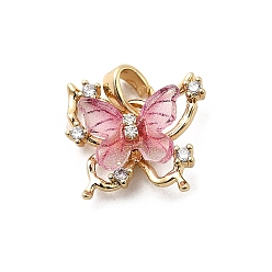 Pink Латунные микро проложить кубического циркония прелести, бабочка, с пластиковым, долговечный, стойки покрытие, без свинца и без кадмия, реальный 18 k позолоченный, розовые, 12.5x14.5x5.5 мм, отверстие : 4.5x2.5 мм