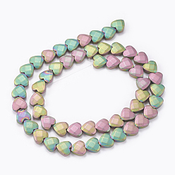 Multi-color Plated Electroplate Non-magnetic Synthetic Hematite Beads Strands, Frosted, Faceted, Heart, Multi-color Plated, 8x8x3mm, Hole: 0.5mm, about 54pcs/strand, 15.94 inch(40.5cm)
