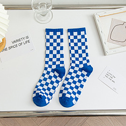 Medium Blue Polyester Knitting Socks, Tartan Pattern Crew Socks, Winter Warm Thermal Socks, Medium Blue, 350x130x7mm