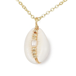 Golden Natural Shell Pendant Necklace with Brass Cable Chains, Golden, 18.11 inch(46cm)