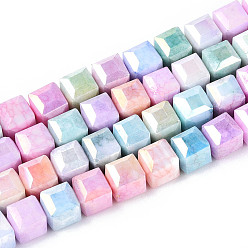 Разноцветный Антикоррозийные гальванические стеклянные бусины, имитация драгоценных камней, кубические, с покрытием AB цвета, граненые, два тона, красочный, 6.5~7.5x6.5~7.5x6.5~7.5 мм, отверстие : 1.4~1.5 мм, около 52~54 шт / нитка, 14.57~14.96 дюйм (37~38 см)