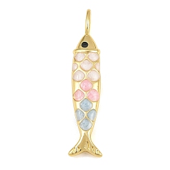 Pink Латунные эмали большие подвески, рыбы прелести, реальный 18 k позолоченный, стойки покрытие, долговечный, без кадмия и без свинца, розовые, 50x9x6 мм, отверстие : 4x7 мм