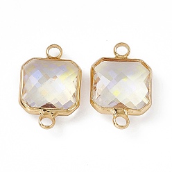 Crystal AB Transparent K9 Glass Connector Charms, with Light Gold Plated Brass Findings, Faceted, Square Links, Crystal AB, 19.5x12.5x4.5mm, Hole: 2.2mm
