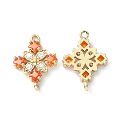 Coral Brass Pave Cubic Zirconia Connector Charms, Light Gold, Rhombus Links, Coral, 20x14x3mm, Hole: 1.2mm