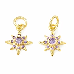 Lilac Rack Plating Brass Micro Pave Cubic Zirconia Pendants, Long-Lasting Plated, Real 18K Gold Plated, Cadmium Free & Lead Free, Sun, Lilac, 12.5x10x3mm, Jump Ring: 5x1mm, 3mm Inner Diameter