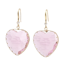 Pink Glass Heart Dangle Earrings, Light Gold Brass Earrings, Pink, 49x28mm