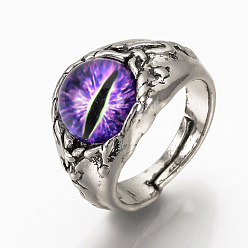 Сине-фиолетовый Регулируемые кольца перста сплава, со стеклом, широкая полоса кольца, драконий глаз, синий фиолетовый, Размер 10, 19.5 мм