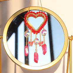 Crimson Heart Quartz Crystal Dyed Hanging Suncatcher Pendant Decoration, Crystal Ball Prism Pendants, with Brass & Iron Findings, Crimson, 300mm