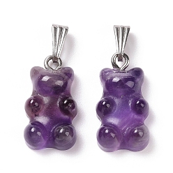 Amethyst Natural Amethyst Pendants, with Stainless Steel Color Tone 201 Stainless Steel Findings, Bear, 27.5mm, Hole: 2.5x7.5mm, Bear: 21x11x6.5mm