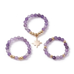 Amethyst 3Pcs 3 Style Natural Amethyst Beaded Stretch Rings Set, Stackable Rings with Brass Star Charms, Inner Diameter: 21~22mm, 1Pc/style
