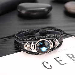 Capricorn Constellation Glass Link Multi-strand Bracelet, PU Leather Braided Triple Layer Gothic Bracelet for Men Women, Capricorn, 7-1/8 inch(18cm)