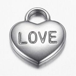 Stainless Steel Color 304 Stainless Steel Pendants, Heart, with Word Love, Valentine's Day, Stainless Steel Color, 17x15x2.5mm, Hole: 4x4.5mm