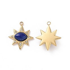 Lapis Lazuli Natural Lapis Lazuli Pendants, with Ion Plating(IP) Real 18K Gold Plated 304 Stainless Steel Micro Pave Cubic Zirconia Findings, Star Charm, 22x18.5x5mm, Hole: 1.8mm