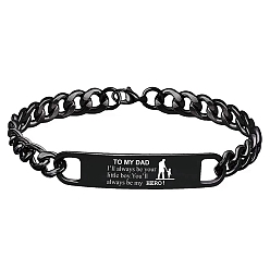 Black Rectangle with Word Stainless Steel Link Bracelet with Curb Chains, Black, 8-1/4 inch(21cm)