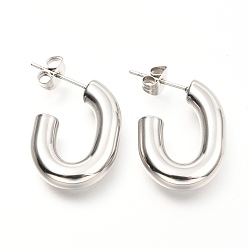 Stainless Steel Color 201 Stainless Steel Half Hoop Earrings, Stud Earrings, with 304 Stainless Steel Pin and Ear Nuts, Oval, Stainless Steel Color, 28x20x4.8mm, Pin: 0.8mm