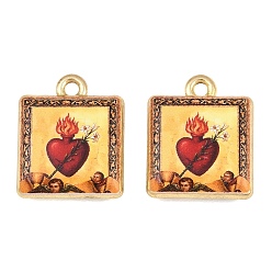 Colorful Printed Alloy Pendants, Square with Sacred Heart Charms, Golden, Rack Plating, Colorful, 18x15x5mm, Hole: 1.8mm