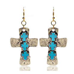 Ancient Golden Blue Pine Vintage Turquoise Cross Alloy Earrings Pendant Studs for Faithful Fashionistas