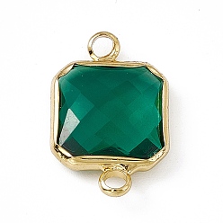 Med.Emerald Transparent K9 Glass Connector Charms, with Light Gold Plated Brass Findings, Faceted, Square Links, Med.Emerald, 19.5x12.5x4.5mm, Hole: 2.2mm