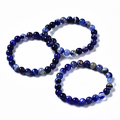 Royal Blue Natural Striped Agate/Banded Agate Beaded Stretch Bracelets, Dyed, Round, Royal Blue, 2-1/8 inch(55mm)