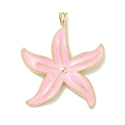 Pink Латунь эмаль подвески, прелести морская звезда, долговечный, без кадмия и без свинца, стойки покрытие, реальный 18 k позолоченный, розовые, 41x35x5 мм, отверстие : 3x5 мм