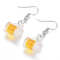 Yellow Resin Draft Beer Dangle Earring, with Platinum Plated Iron Earring Hooks, Yellow, 35mm, Pin: 1mm