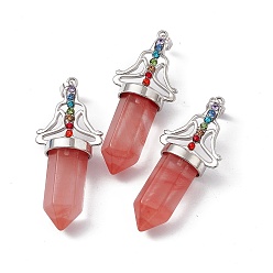Cherry Quartz Glass Cherry Quartz Glass Big Pendants, 7 Chakra Faceted Bullet Charms, with Platinum Plated Brass Findings and Colorful Rhinestone, Cadmium Free & Lead Free, 55x22.5x16mm, Hole: 8x5mm