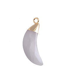 White Jade Natural White Jade Pendants, Faceted Moon Charms, with Golden Plated Brass Findings, 25x10mm