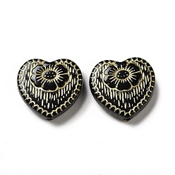 Black Plating Acrylic Beads, Golden Metal Enlaced, Heart with Flower Pattern, Black, 17x18x6mm, Hole: 1.6mm, about 388pcs/500g