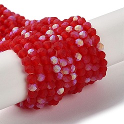 Red Imitation Jade Glass Beads Strands, Half AB Color Plated, Faceted, Frosted, Rondelle, Red, 3.5x3mm, Hole: 1mm, about 117pcs/strand, 13.66''~13.90''(34.7~35.3cm)